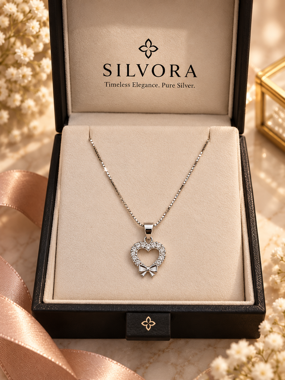 Heart & Bow Silver Pendant Necklace
