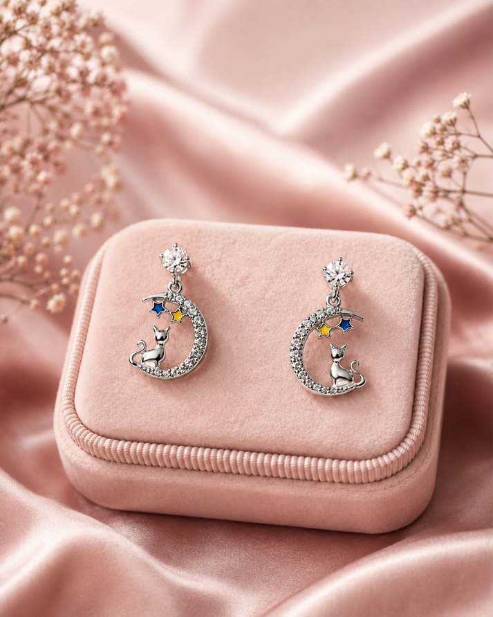 Moonlit Cat Sterling Silver Earrings