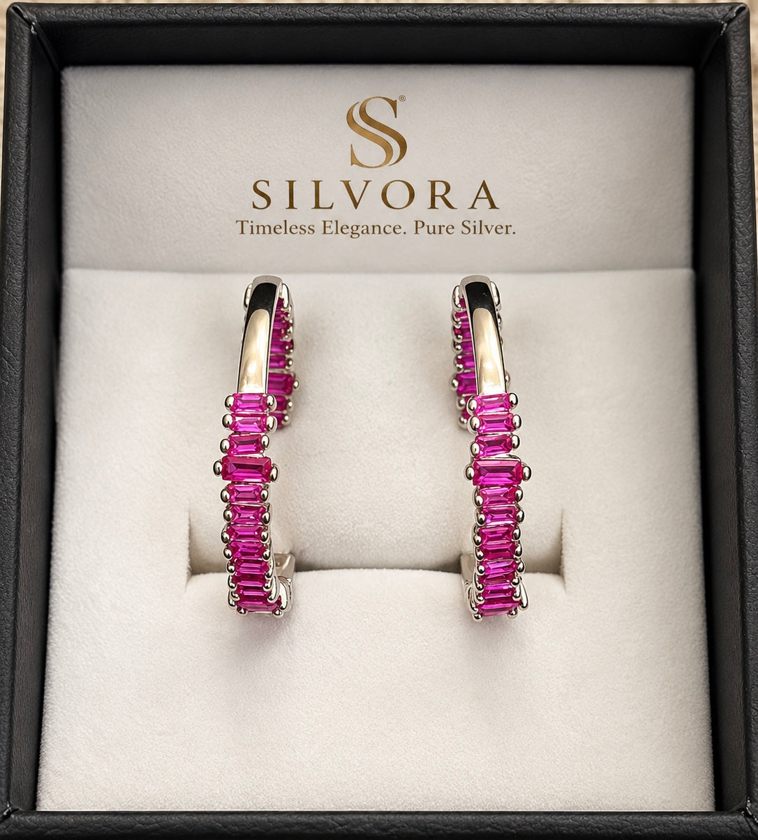 Pink Baguette Hoop Earrings