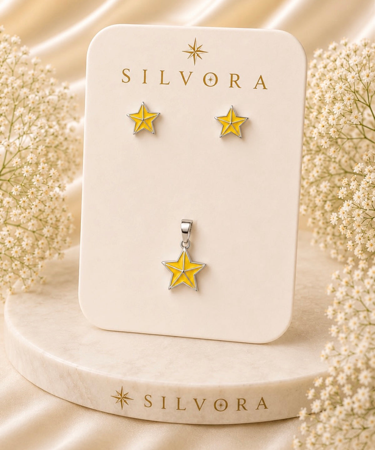 Silvora Golden Star Pendant & Studs