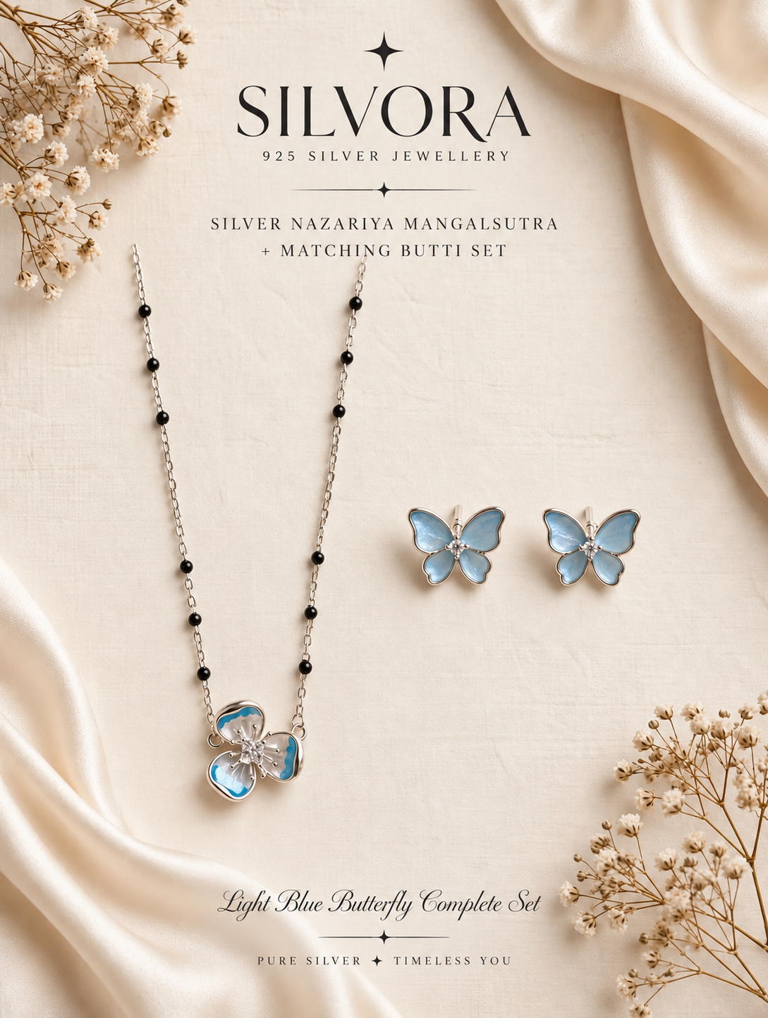 Silvora Light Blue Butterfly Mangalsutra & Butti Set