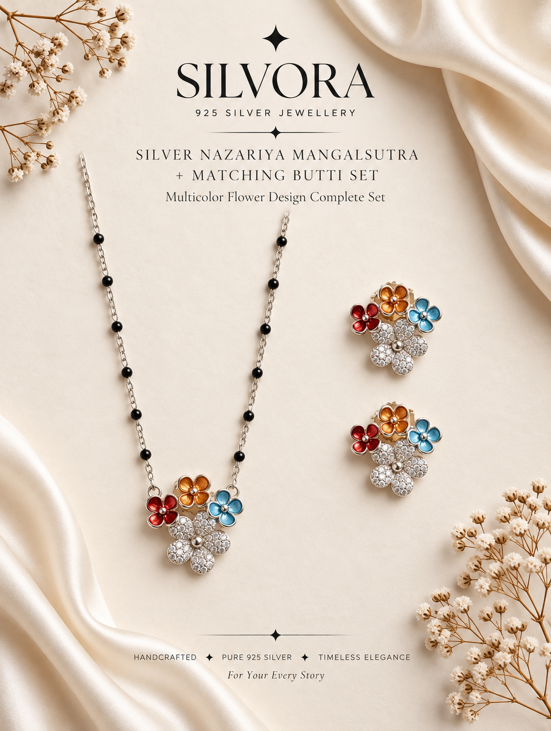 Silvora Multicolored Jewel Flower Mangalsutra Set
