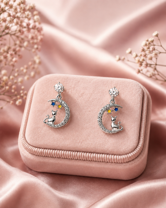 Moonlit Cat Sterling Silver Earrings