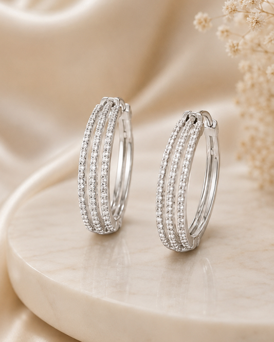 Triple Sparkle Sterling Silver Hoop Earrings