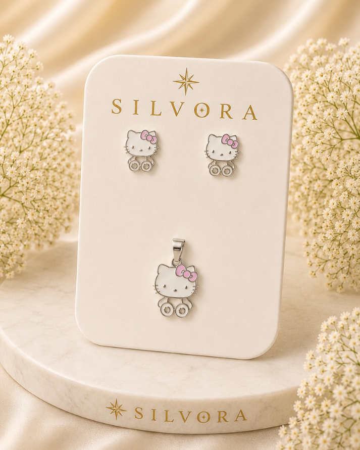 Whimsy Cat Charm Sterling Silver Jewellery Set